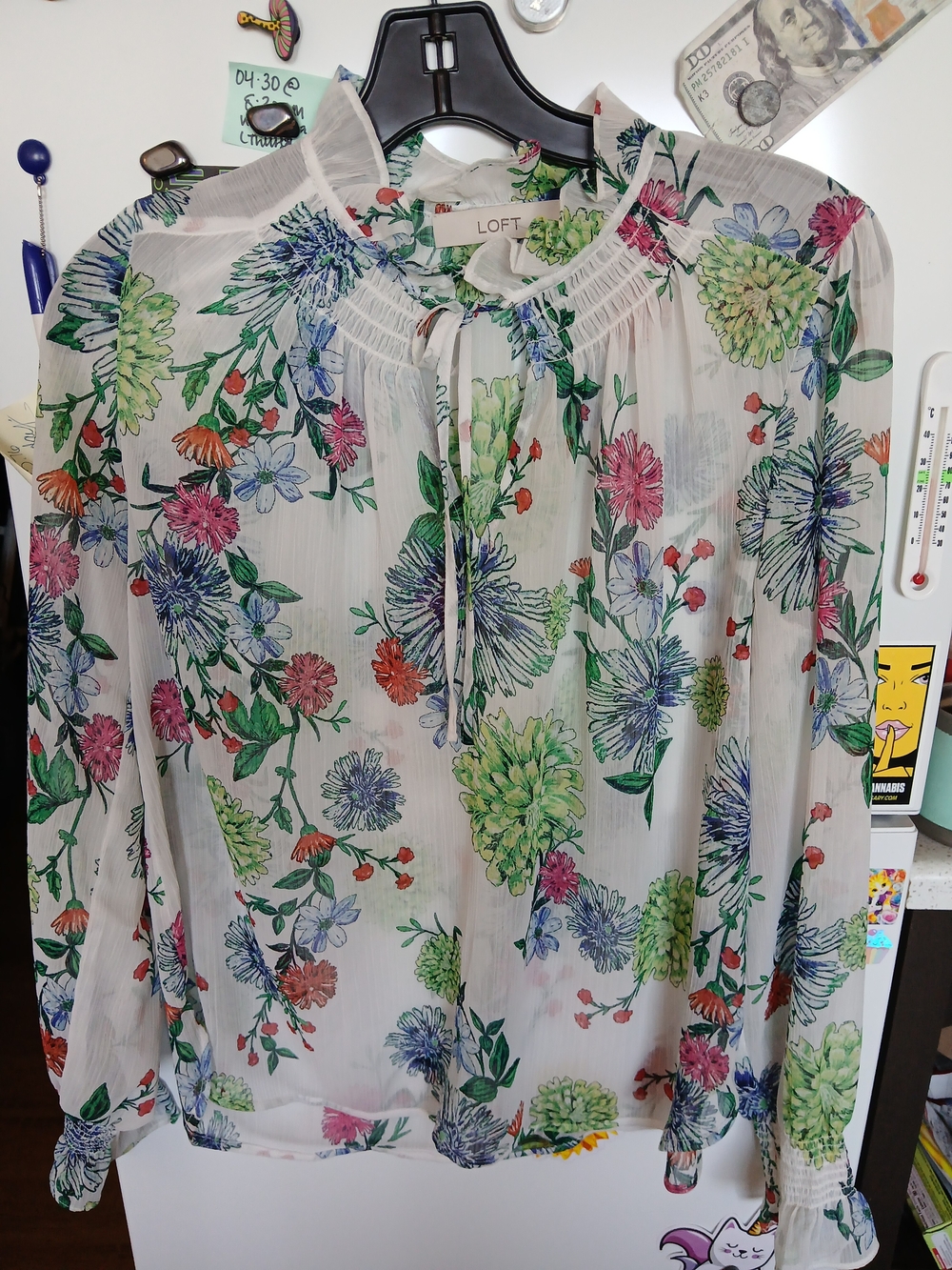 LOFT White Floral Tie-Front Sheer Blouse